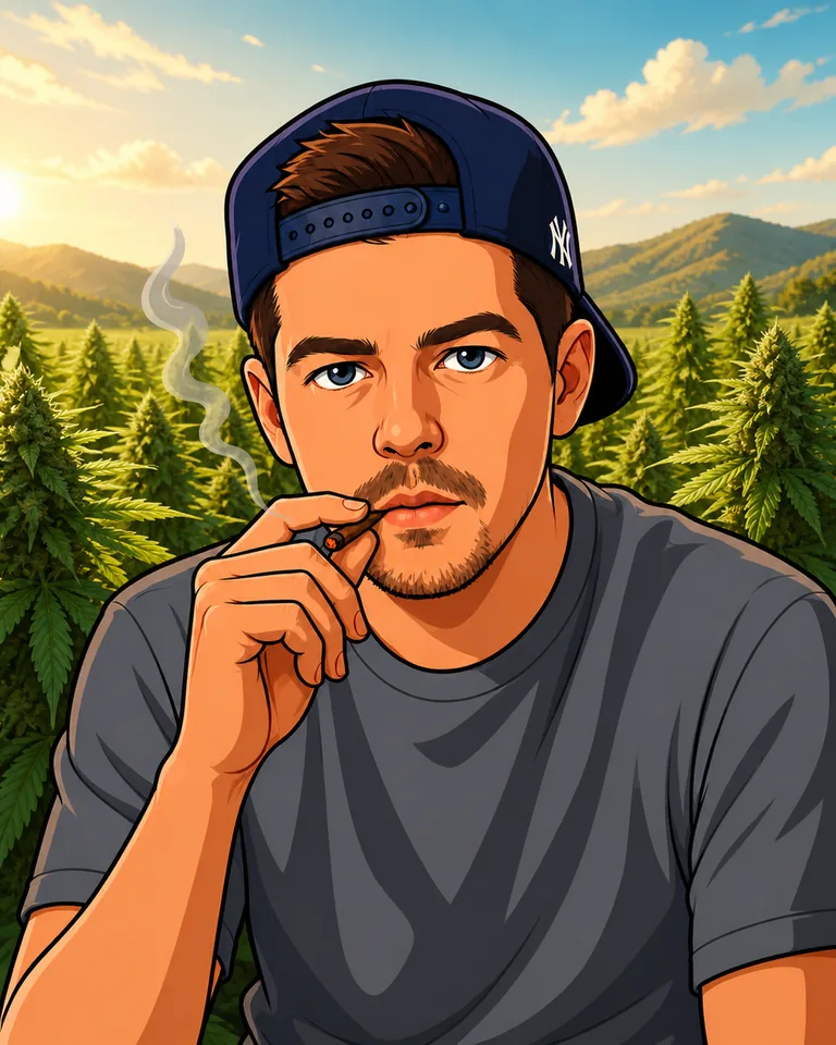 Cartoon portrait of James Brady in a cannabis field